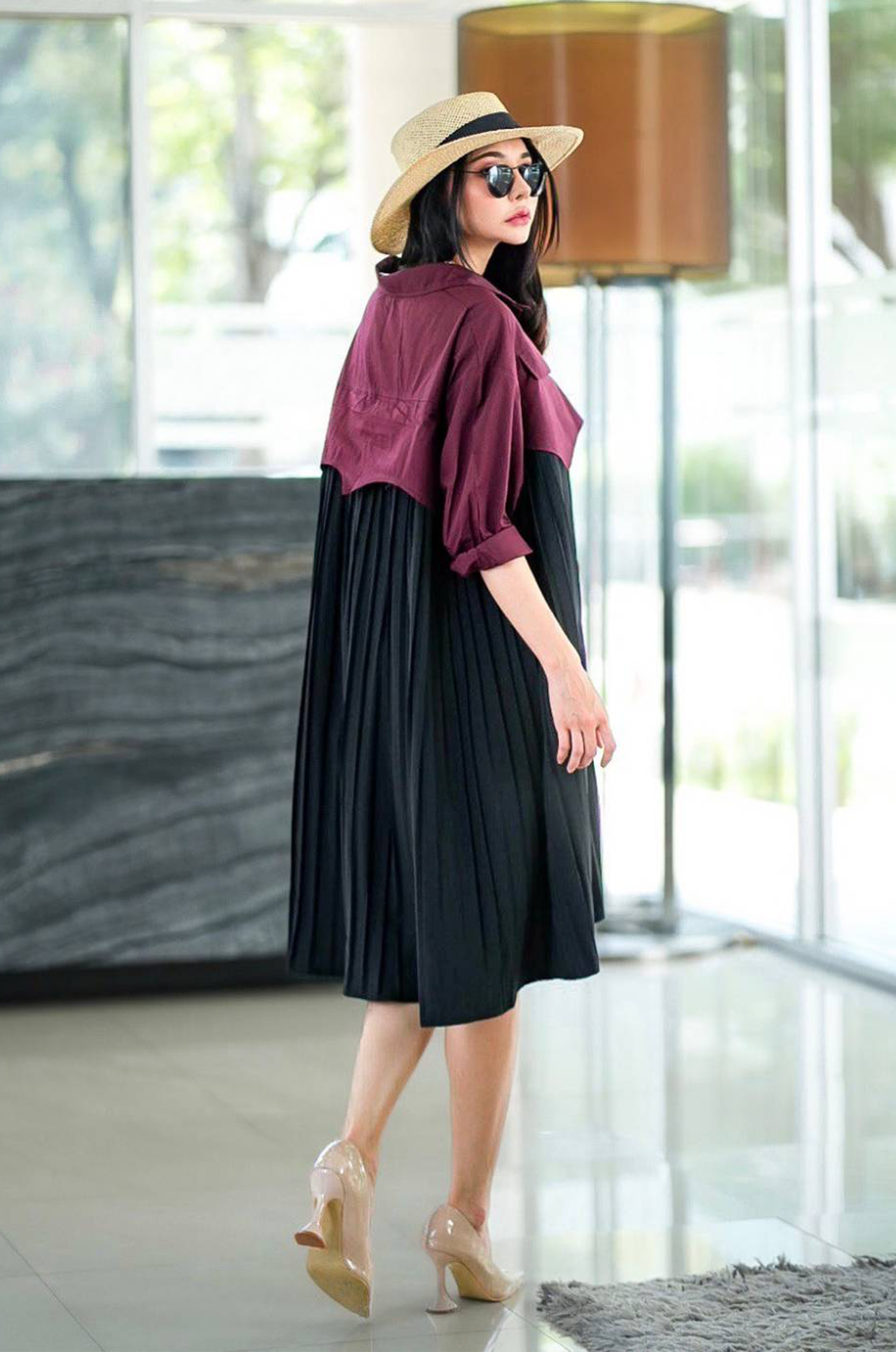 Two-Tone Button-Down Midi Shirt Dress