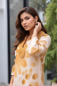 Abstract Ochre Flower Print Relaxed Dress - Navvi.in
