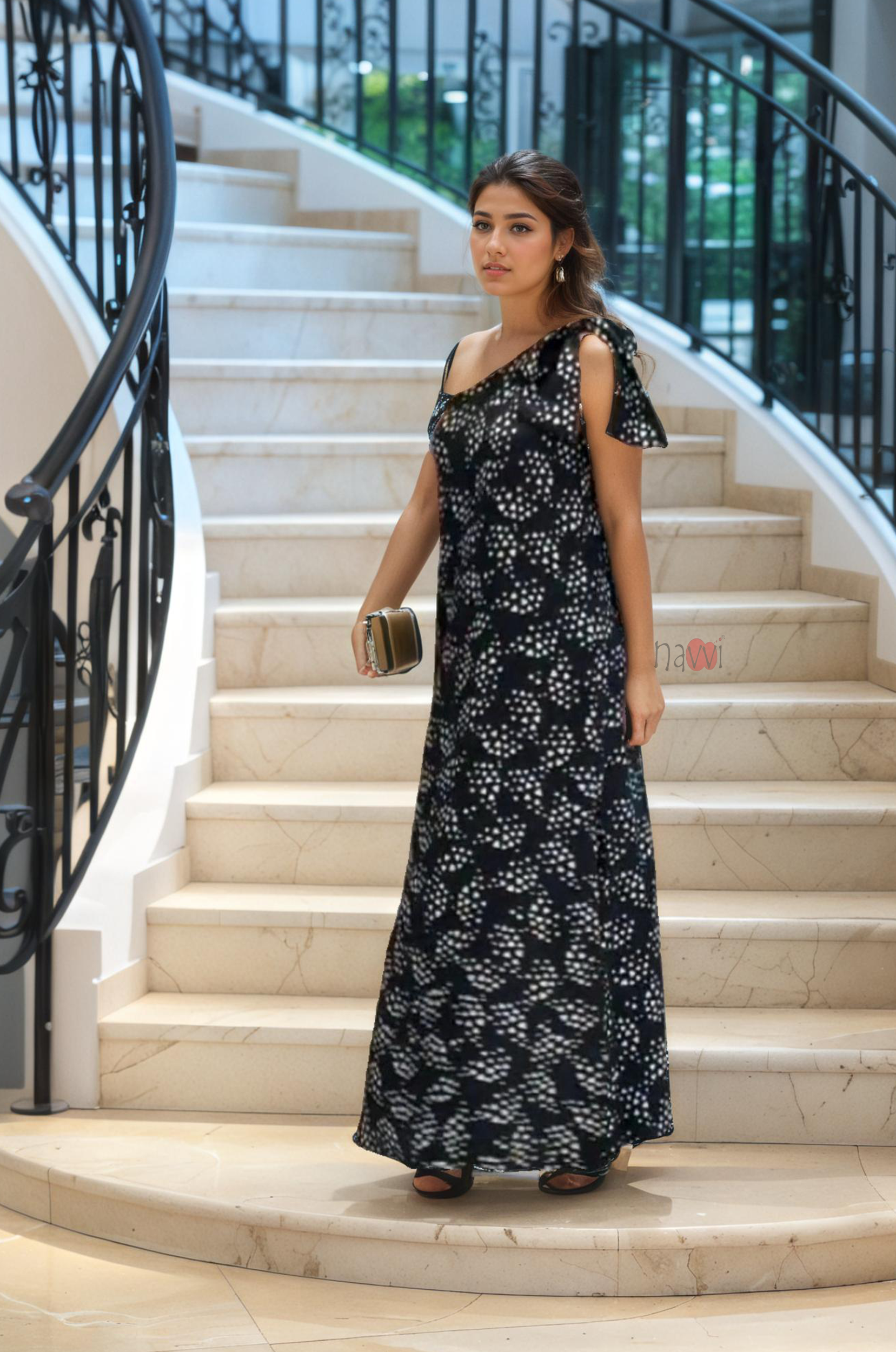 Elegant Noir One-Shoulder Printed Maxi
