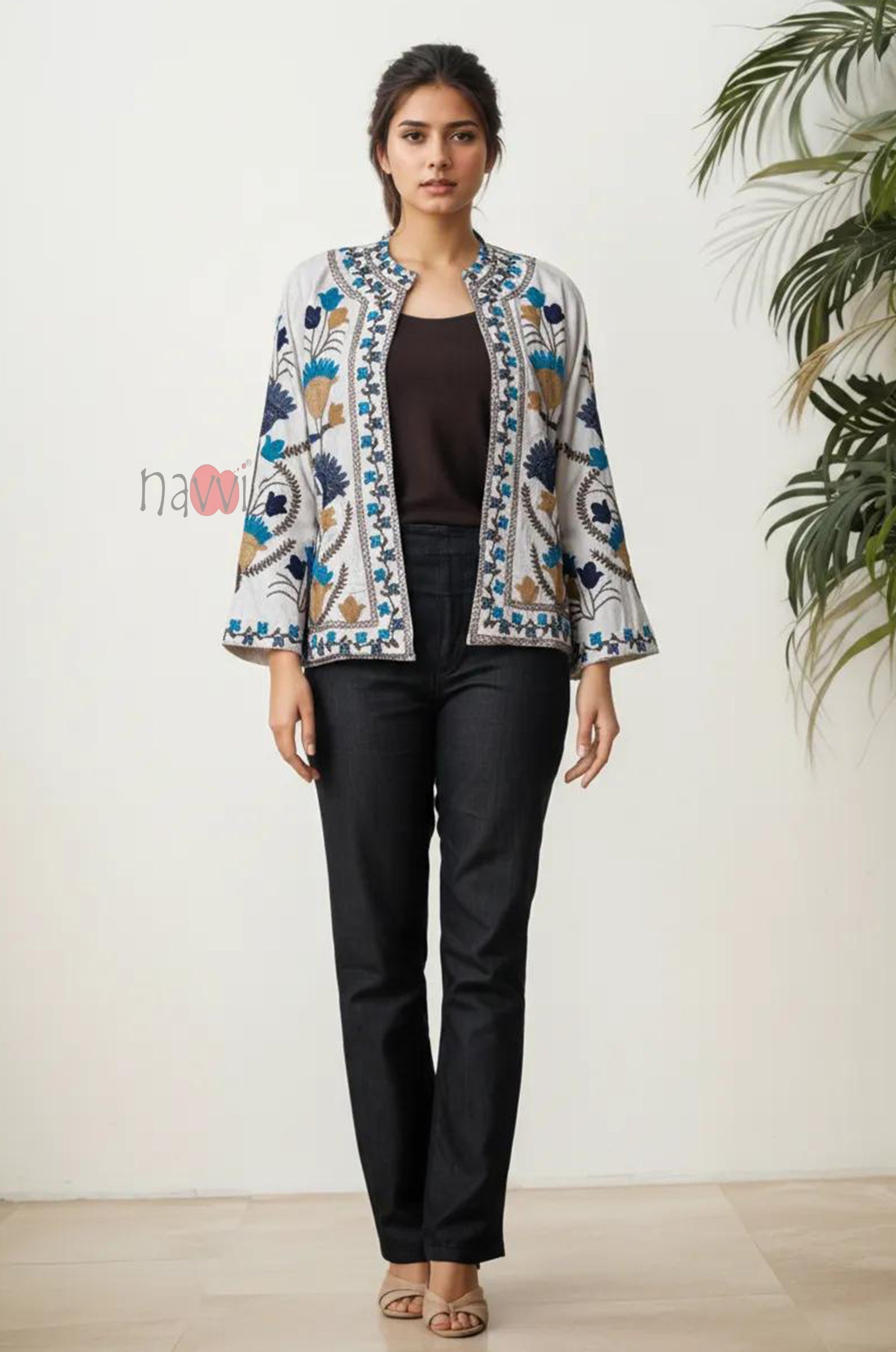 Boho Embroidered Pure Linen Shrug Jacket