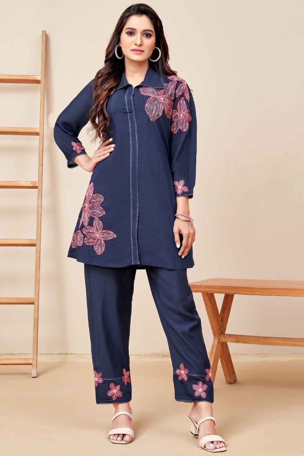 Russian Silk Embroidered Co - ord Set - Navvi.in