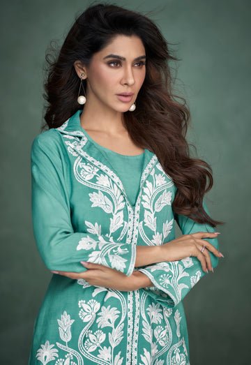 Sea - Green Hand Embroidery Full - Sleeves Co - ord Set - Navvi.in