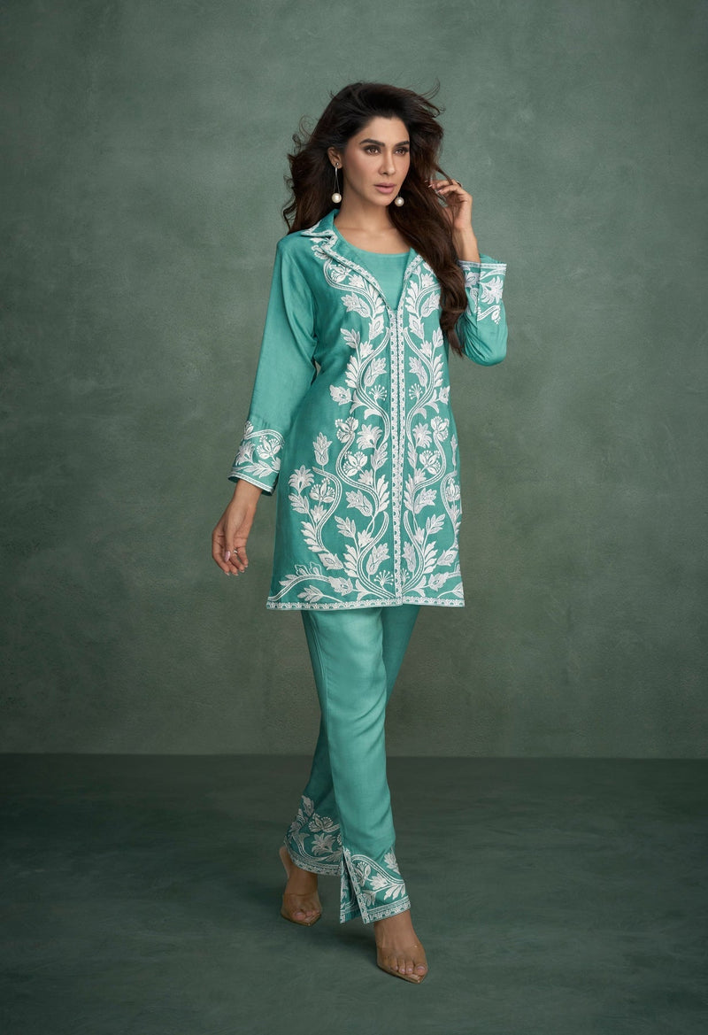 Sea - Green Hand Embroidery Full - Sleeves Co - ord Set - Navvi.in