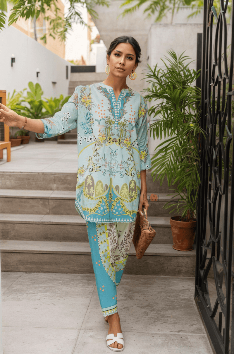Seafoam Serenity - Floral Lawn Suit - Navvi.in