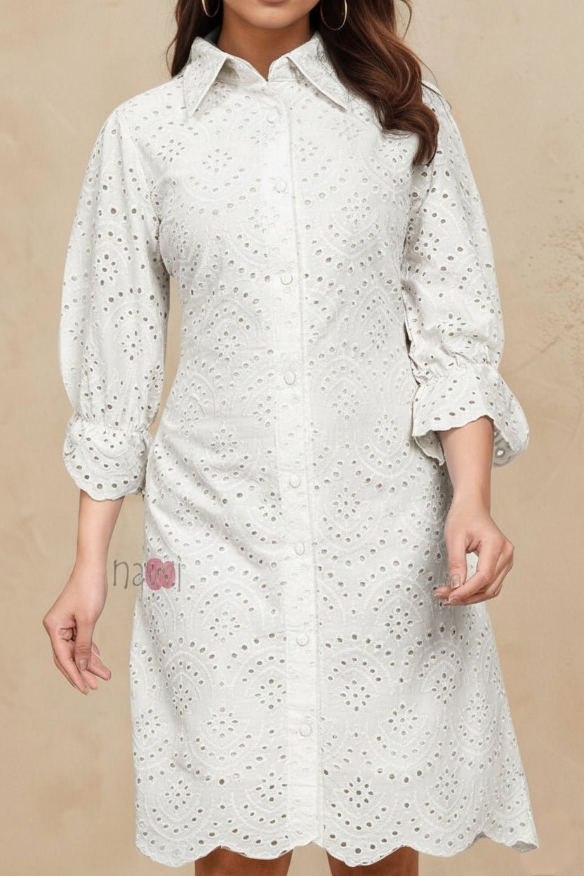 Sky Bloom Schiffli Shirt Dress - Navvi.in