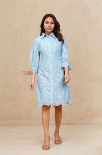 Sky Bloom Schiffli Shirt Dress - Navvi.in