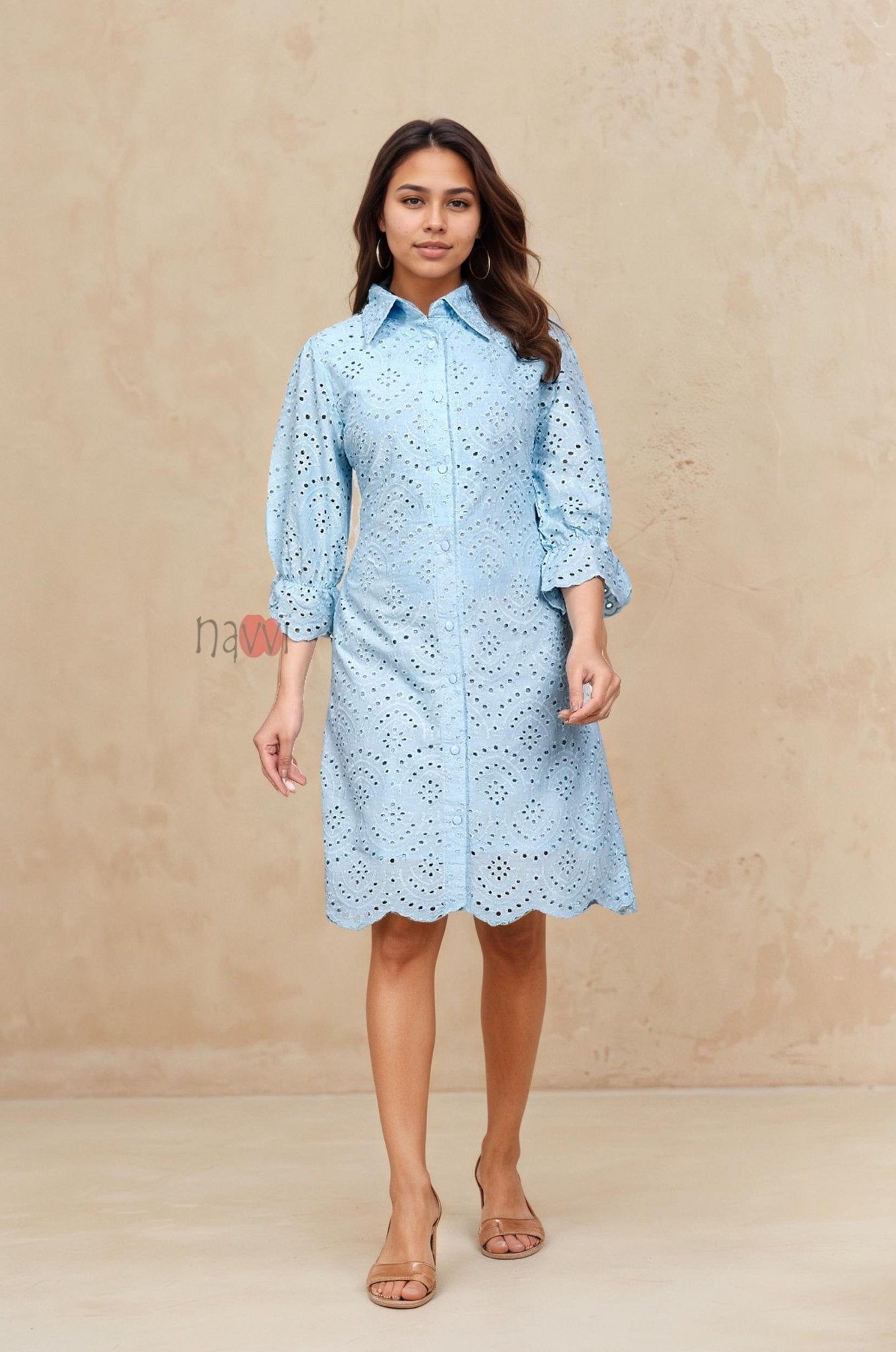 Sky Bloom Schiffli Shirt Dress - Navvi.in