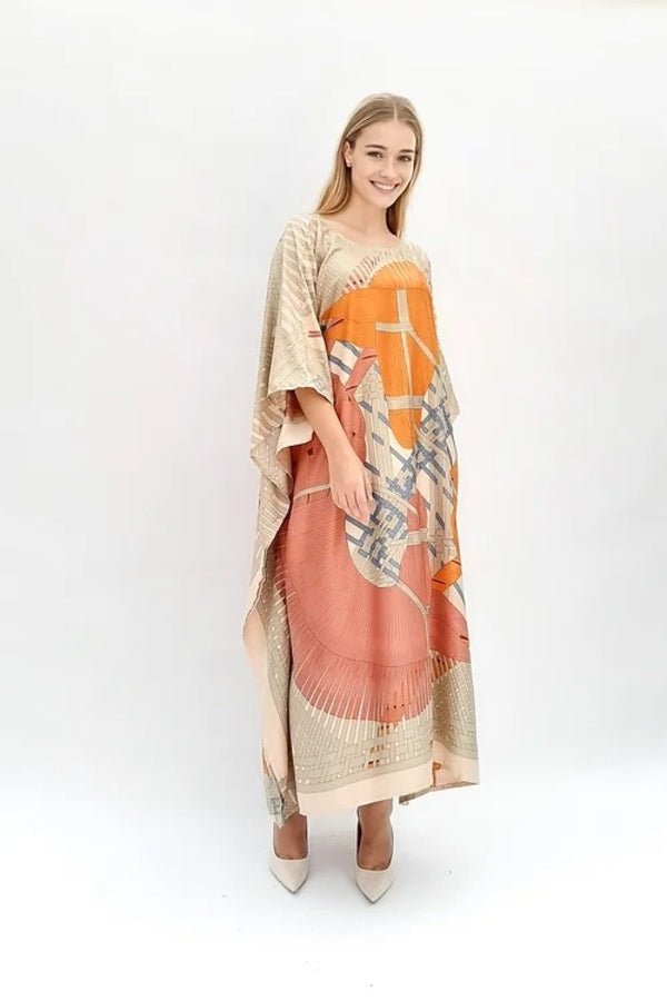 Style Orange Printed Long Kaftan Dress - Navvi.in