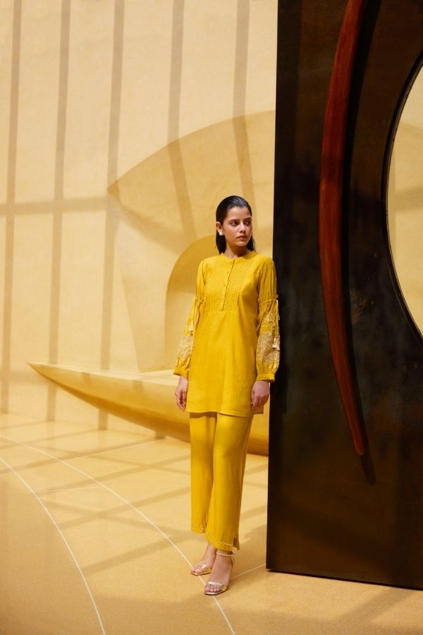 Stylish Yellow Embroidered Co - Ord Set With Pants - Navvi.in
