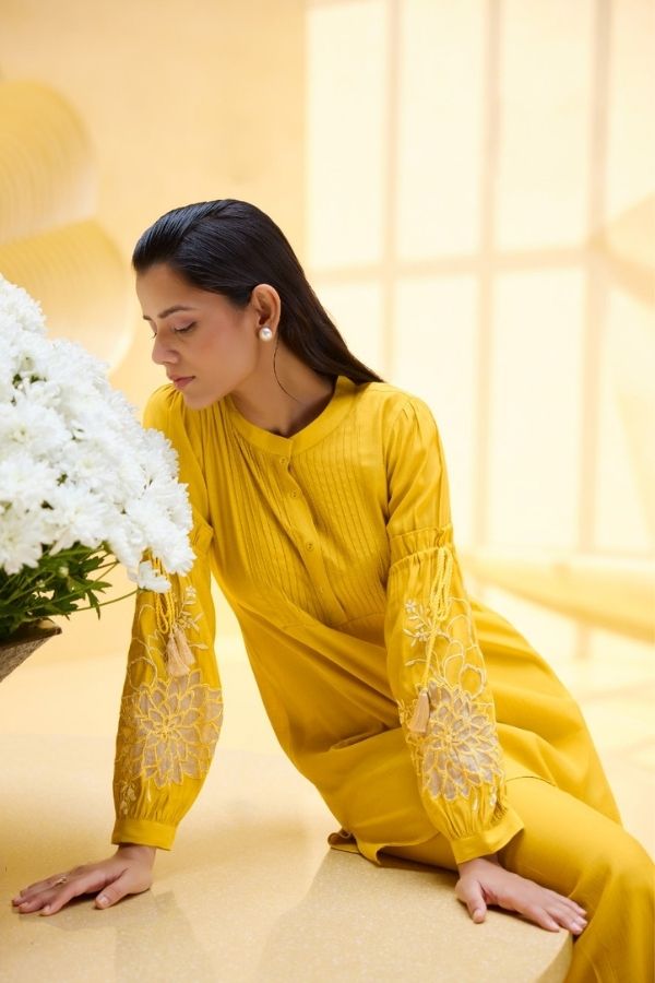 Stylish Yellow Embroidered Co - Ord Set With Pants - Navvi.in