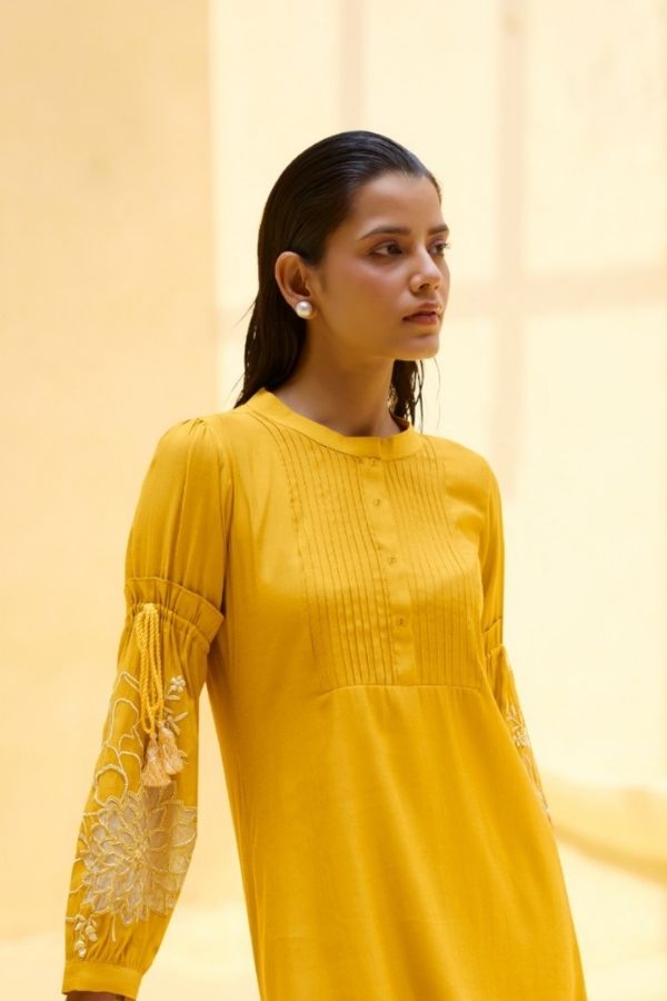 Stylish Yellow Embroidered Co - Ord Set With Pants - Navvi.in