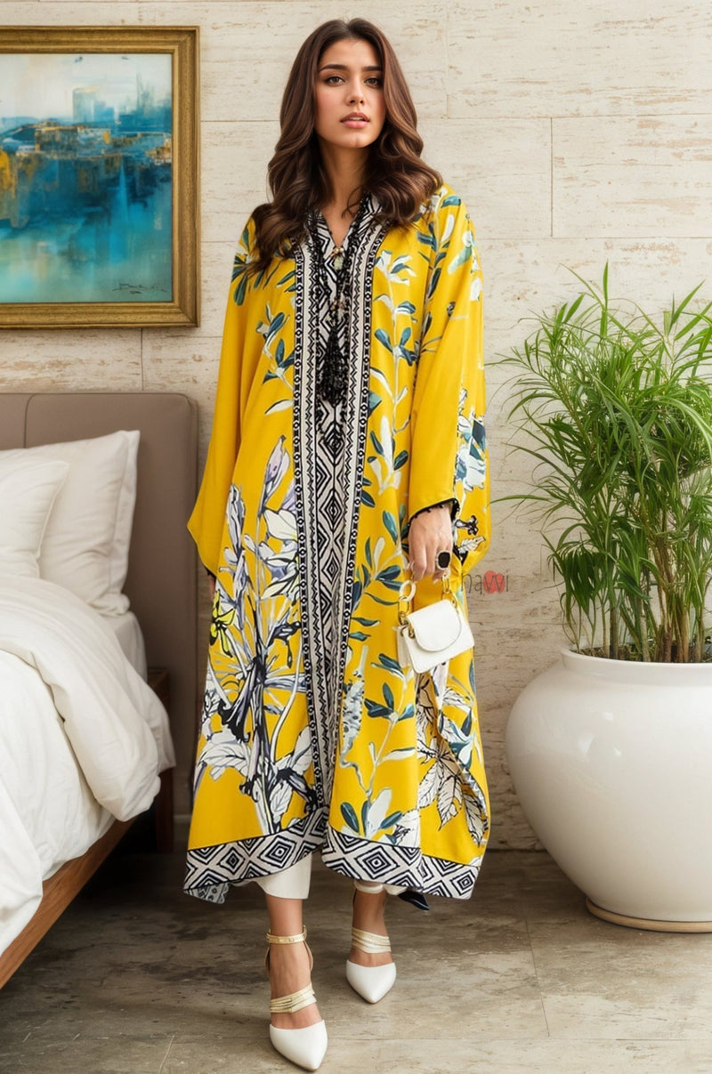 Sunlit Bloom Mustard Kaftan - Navvi.in