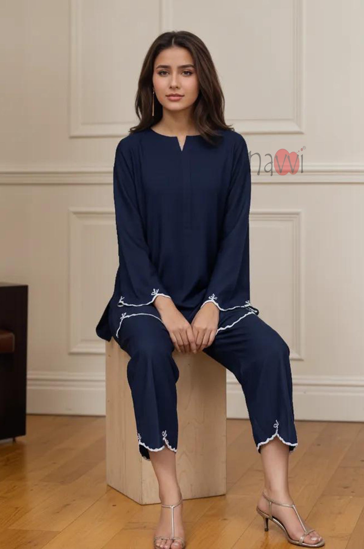 Navy Blue Embroidered Kurta Pant Set