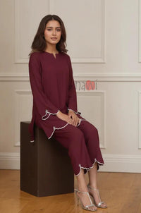 Maroon Embroidered Kurta Pant Set