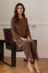 Mocha Embroidered Kurta Pant Set