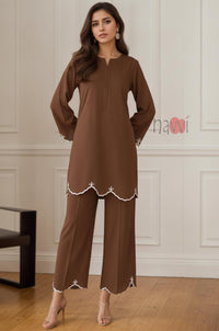 Mocha Embroidered Kurta Pant Set