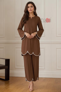 Mocha Embroidered Kurta Pant Set