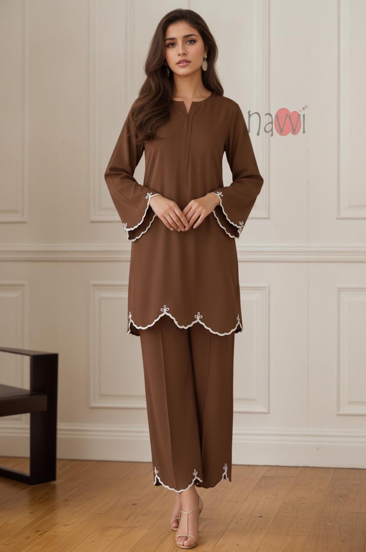 Mocha Embroidered Kurta Pant Set