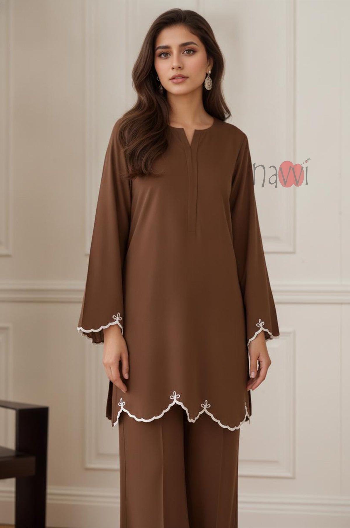 Mocha Embroidered Kurta Pant Set