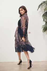 Midnight Paisley Sheer Midi Dress with Waist Tie