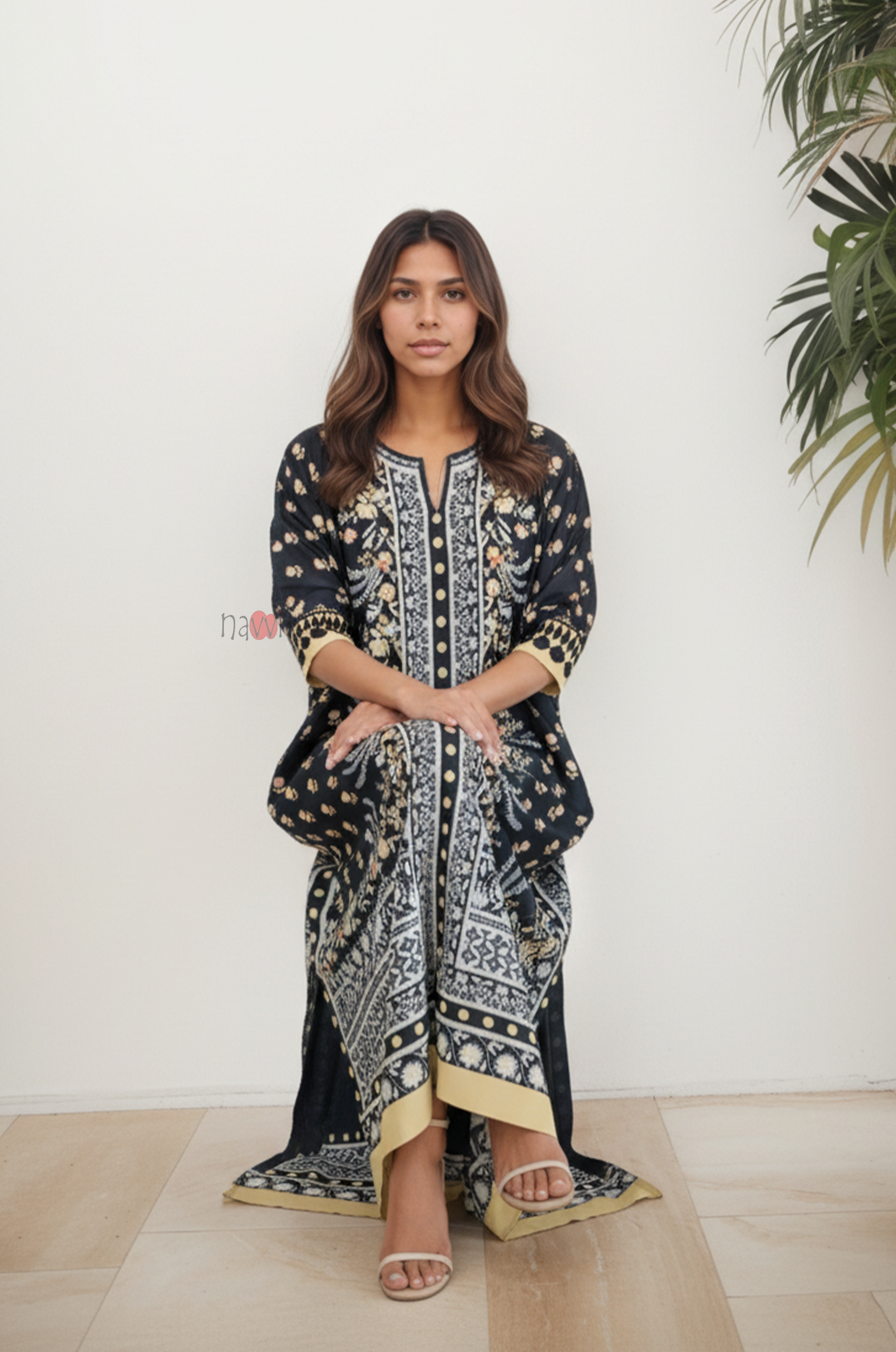 Premium Black Boho Floral Kaftan Dress