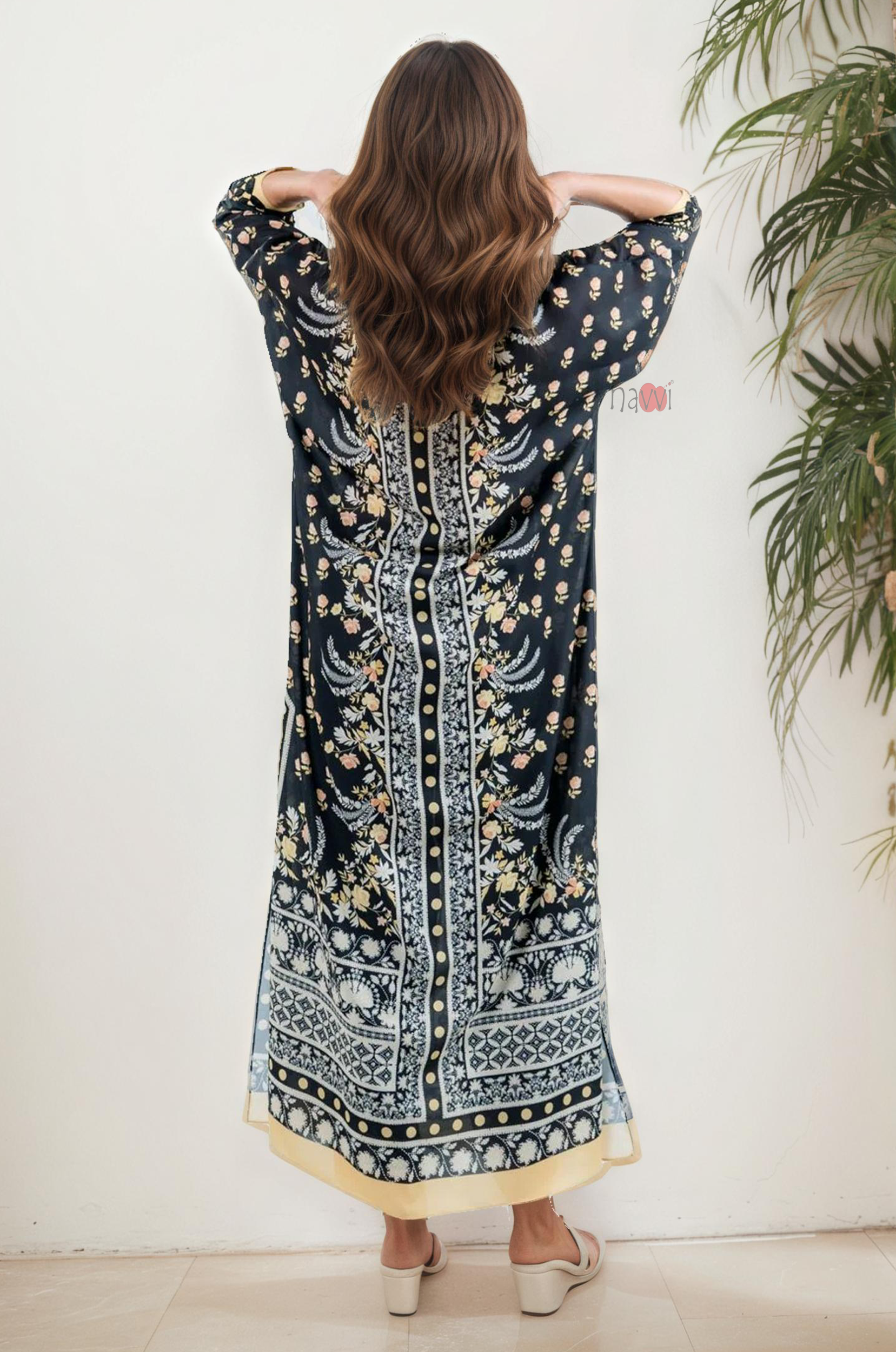 Premium Black Boho Floral Kaftan Dress