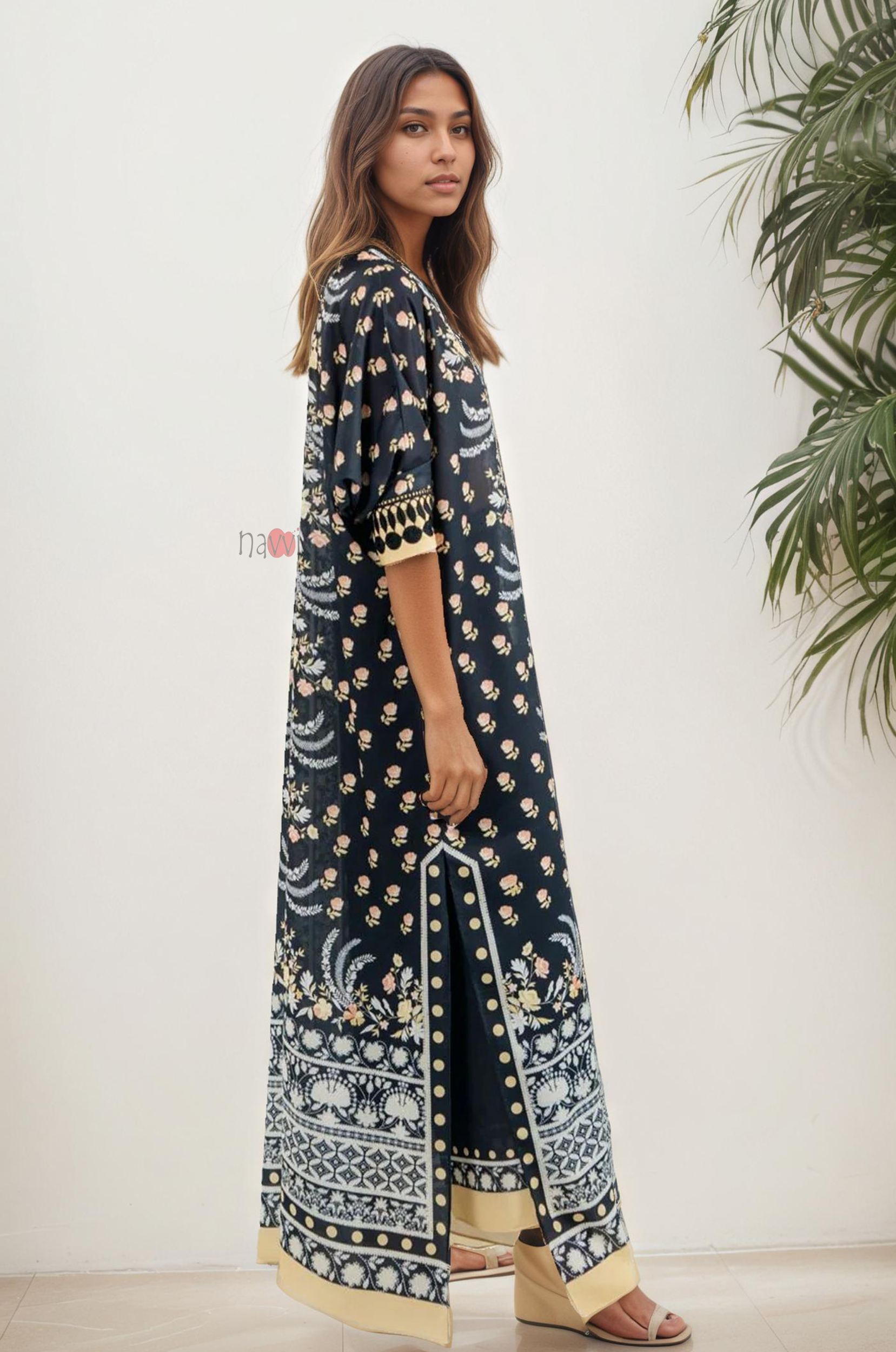 Premium Black Boho Floral Kaftan Dress