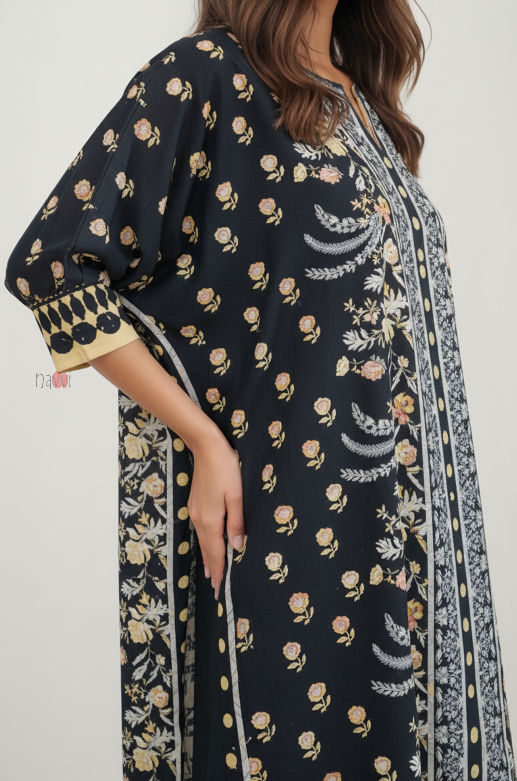 Premium Black Boho Floral Kaftan Dress