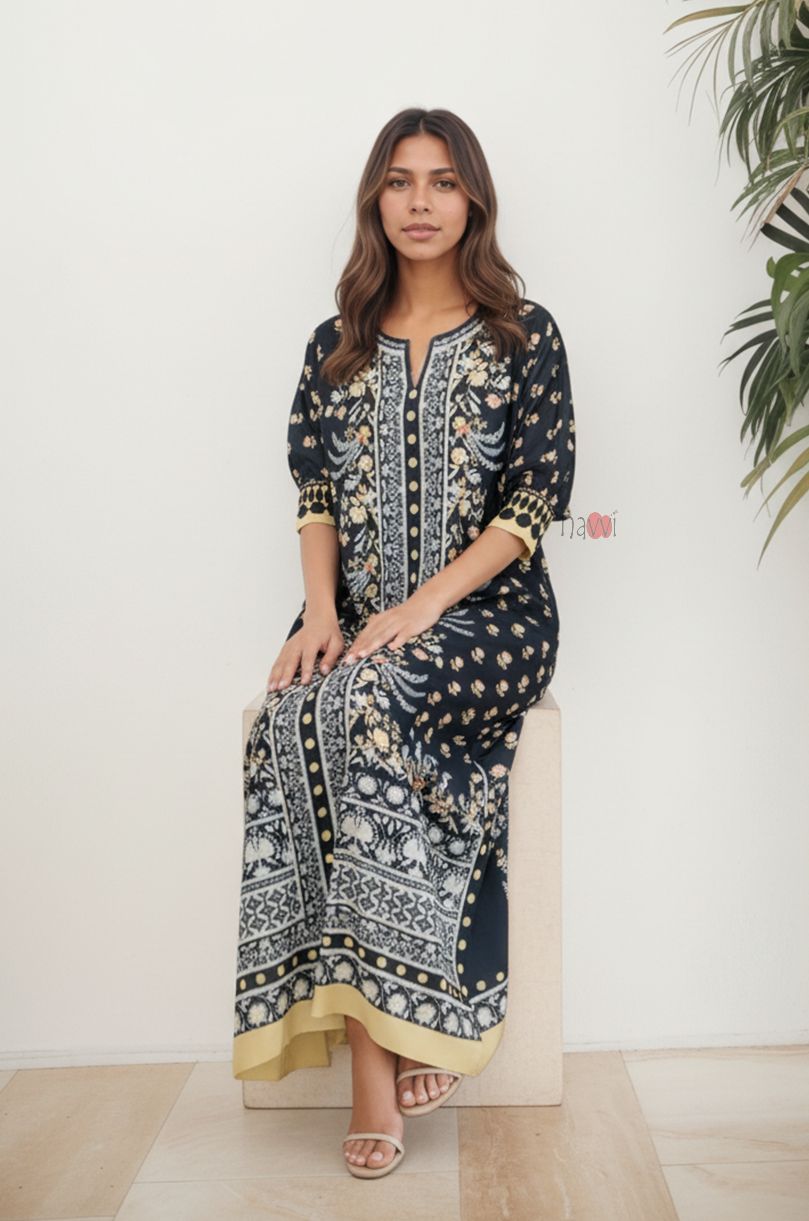 Premium Black Boho Floral Kaftan Dress
