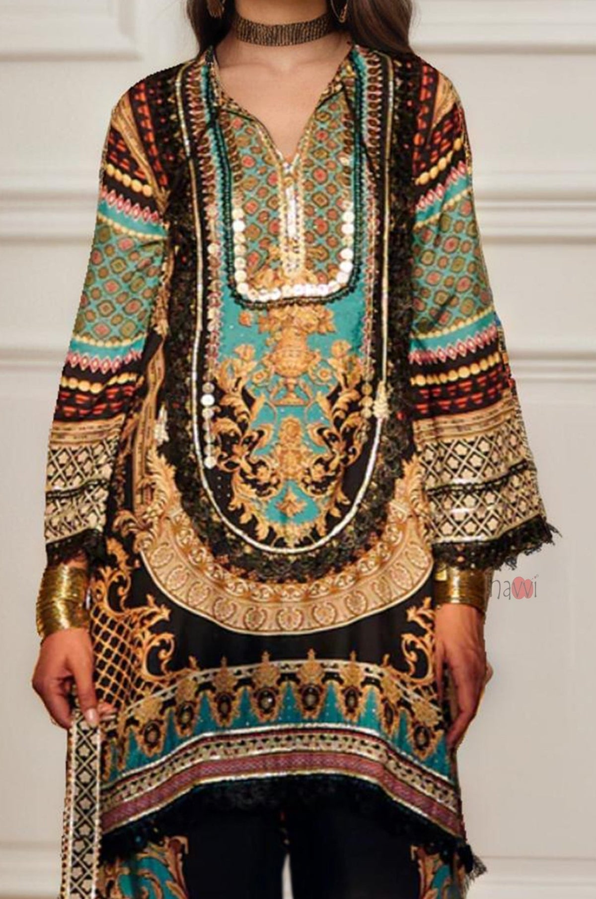 Trendy Ethnic Kurta Trouser Set – Teal Gold Print - Navvi.in