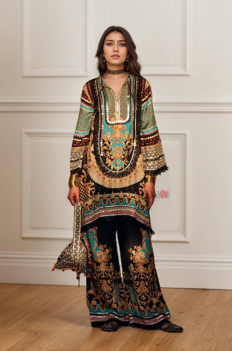 Trendy Ethnic Kurta Trouser Set – Teal Gold Print - Navvi.in