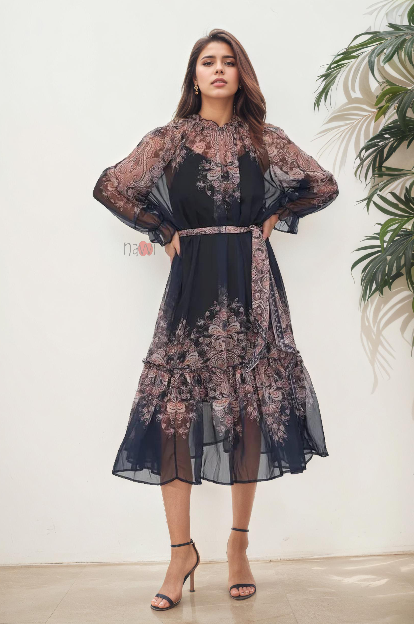 Midnight Paisley Sheer Midi Dress with Waist Tie