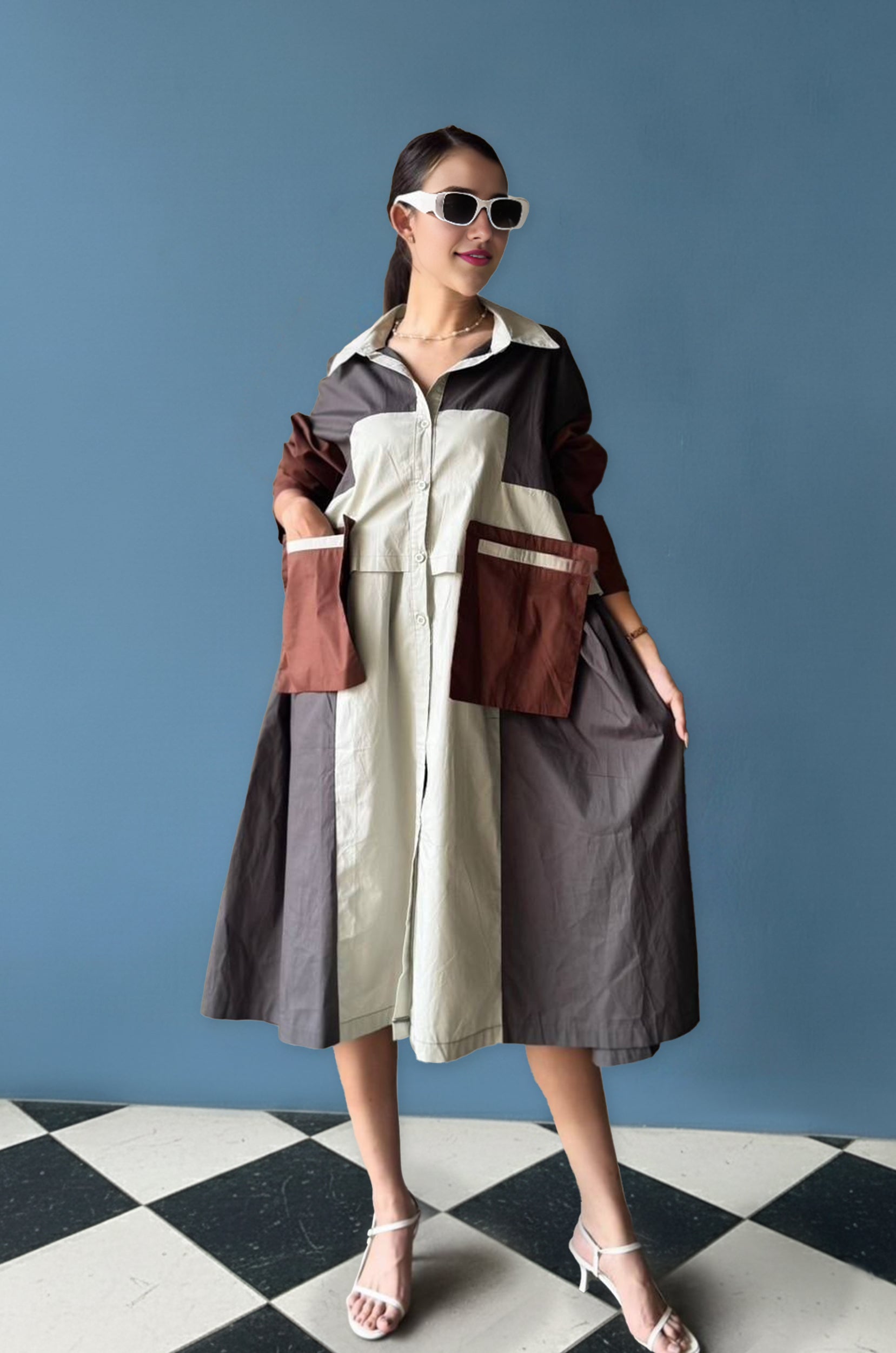 Oversized Geometric Color Block Shirt Dress