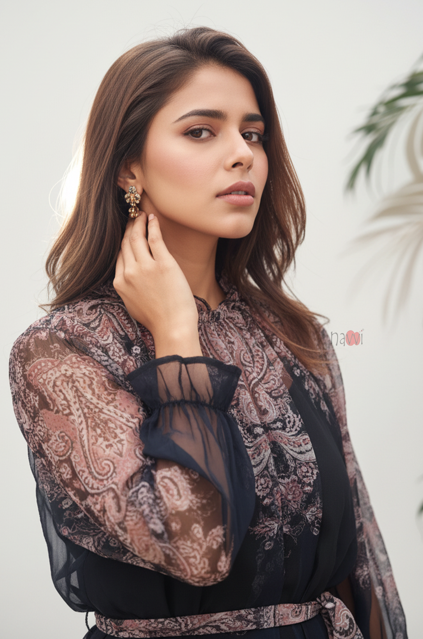 Midnight Paisley Sheer Midi Dress with Waist Tie