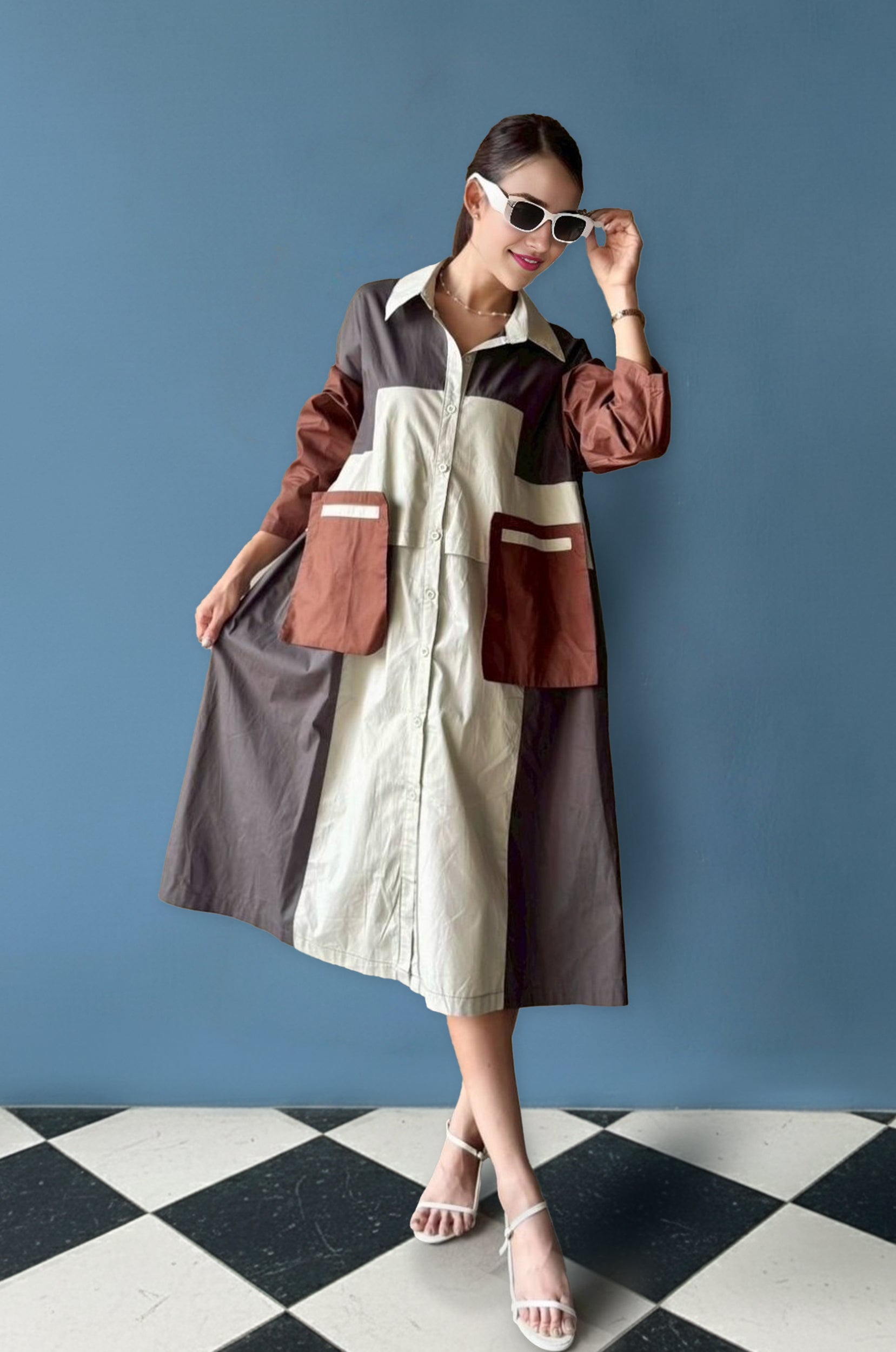 Oversized Geometric Color Block Shirt Dress