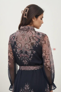 Midnight Paisley Sheer Midi Dress with Waist Tie