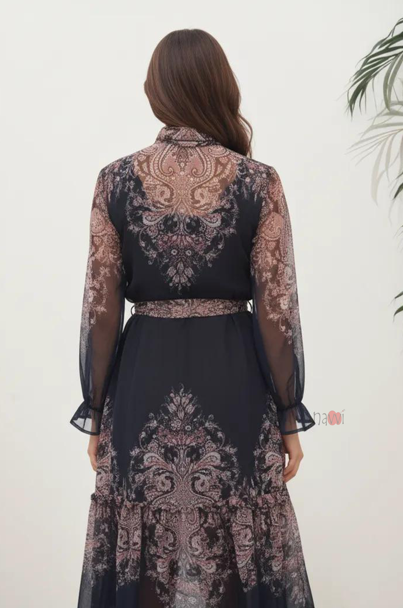 Midnight Paisley Sheer Midi Dress with Waist Tie
