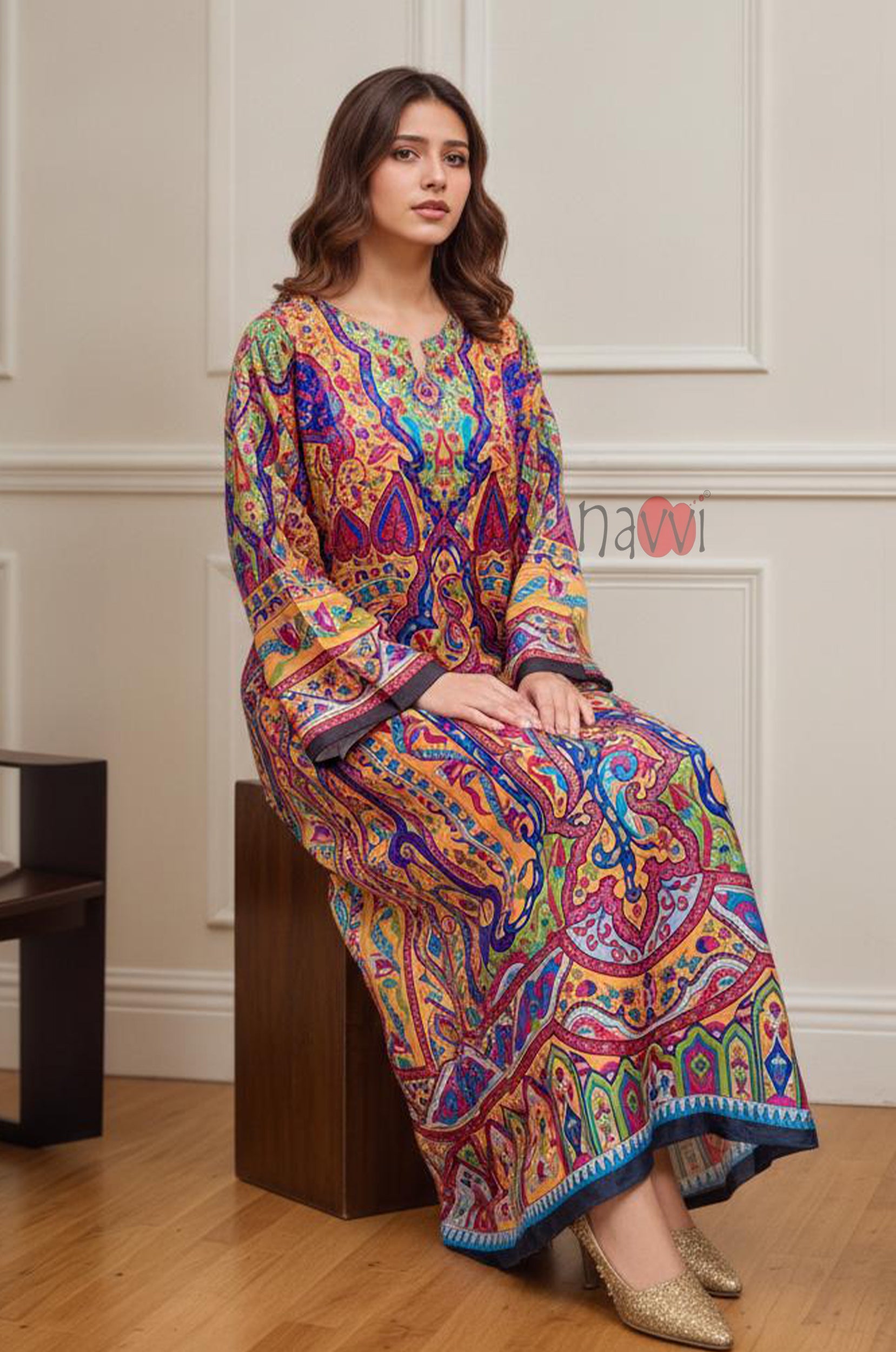 Amber Multicolour Paisley Printed Kaftan Dress