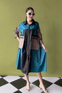 Oversized Geometric Color Block Shirt Dress