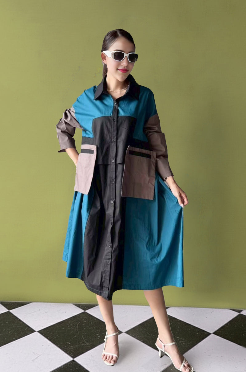 Oversized Geometric Color Block Shirt Dress
