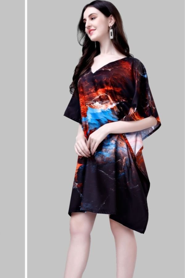 V - Neck Orange and Blue Pattern Kaftan - Navvi.in