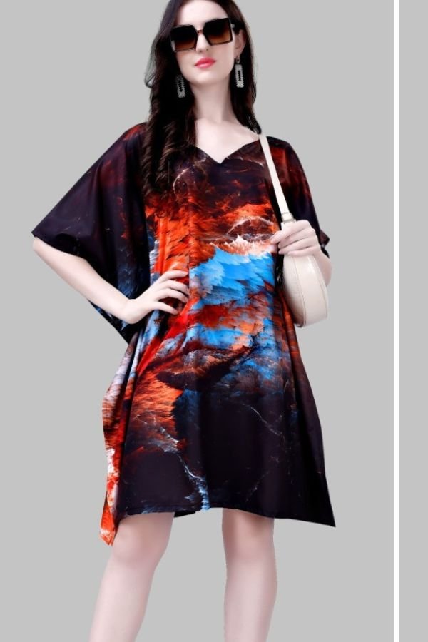 V - Neck Orange and Blue Pattern Kaftan - Navvi.in