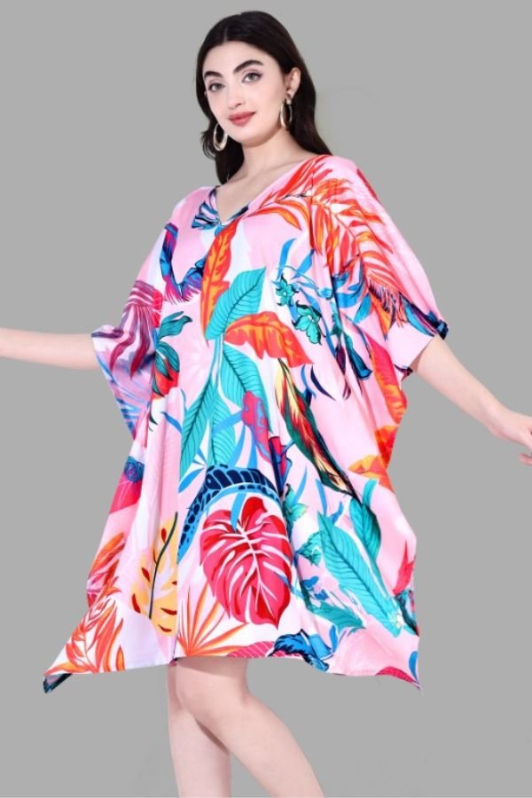 V - Neck Tropical Print Kaftan Dress - Navvi.in