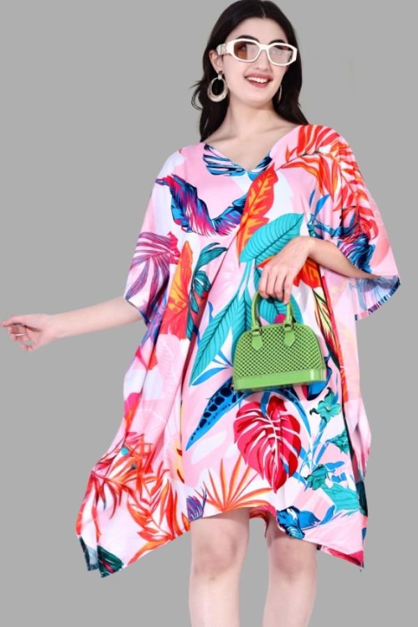 V - Neck Tropical Print Kaftan Dress - Navvi.in