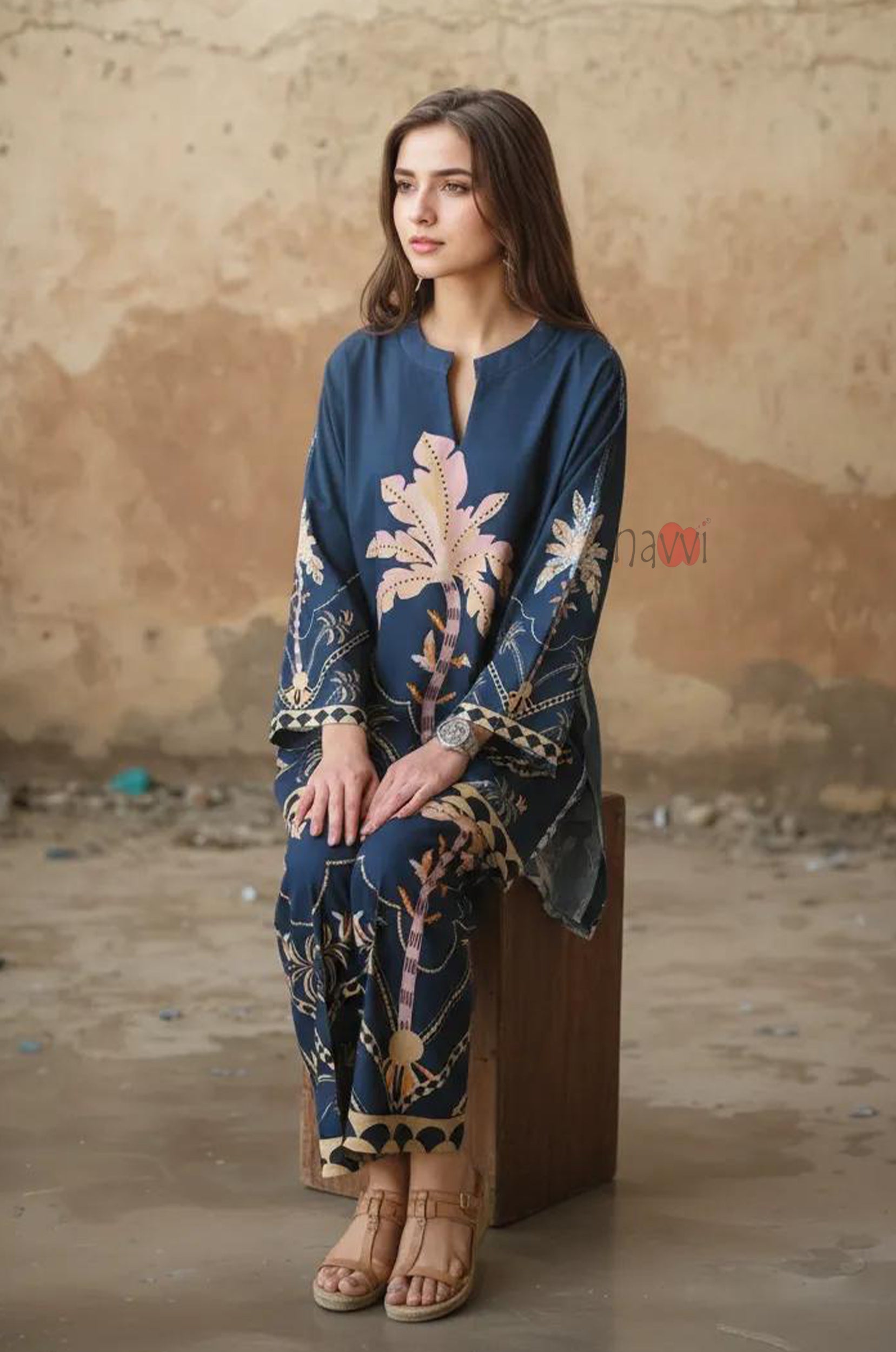 Navy Palm Print Kurta & Pants Set - Navvi.in