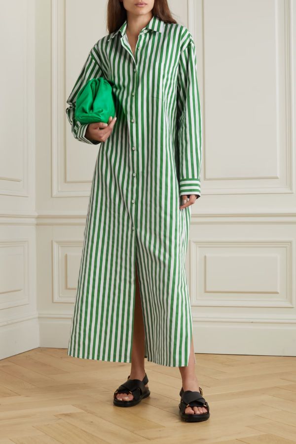 Verical Stripes Shirt Dress - Green - Navvi.in