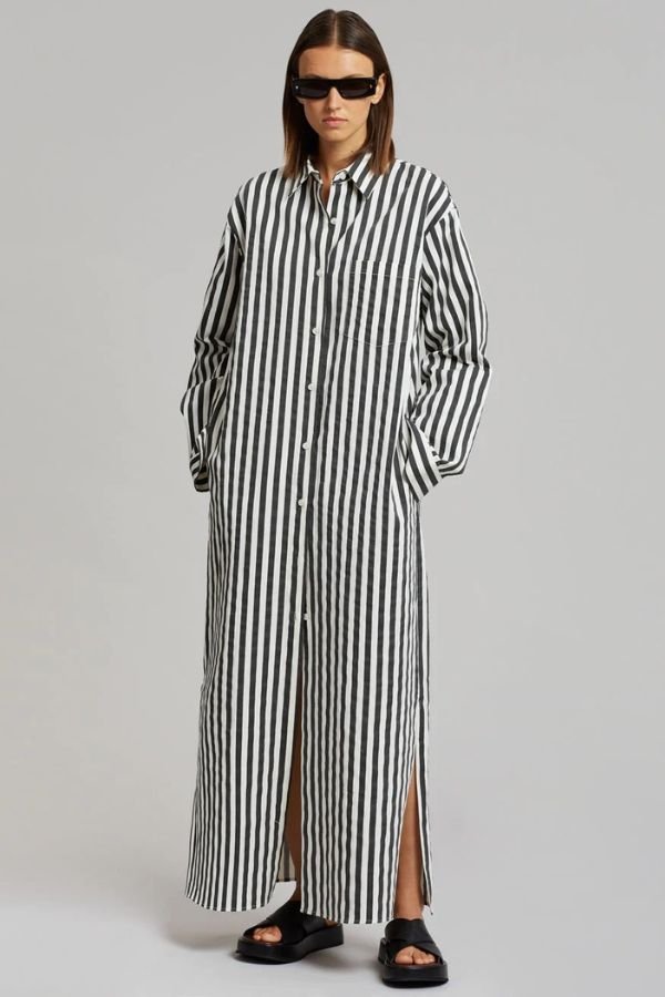 Vertical Stripes Full Sleeves Dress - Black - Navvi.in