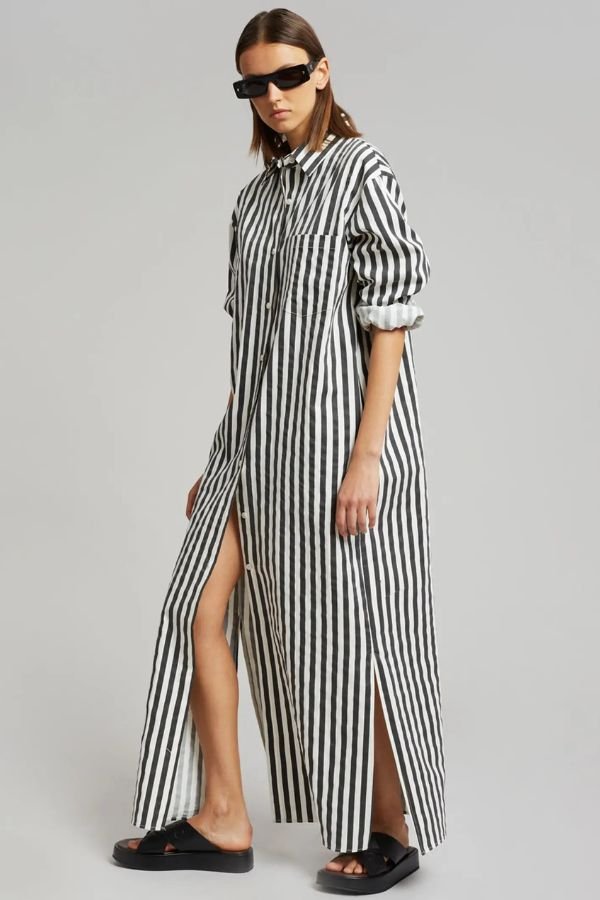 Vertical Stripes Full Sleeves Dress - Black - Navvi.in