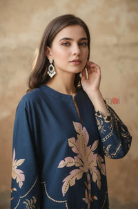 Navy Palm Print Kurta & Pants Set - Navvi.in