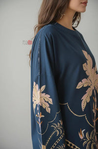 Navy Palm Print Kurta & Pants Set - Navvi.in